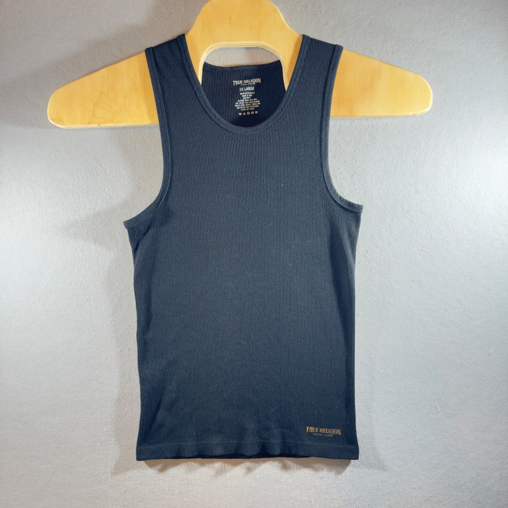 574 |True Religion Mens 2XL Ribbed Slim Sleeveless Logo‎ Y2K Tank Top Black